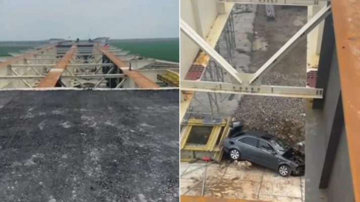 Un șofer a căzut cu mașina de pe un pod aflat în construcție, de la mai bine de 10 metri înălțime