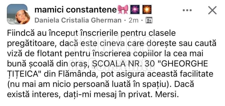 Vizele de flotant pentru un loc la o școală de fițe din Constanța se vând ca pâinea caldă pe internet?!
