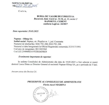 Numire surprinzătoare la Neptun Olimp S.A. Cine este noul director general, după 2 demisii în 3 luni