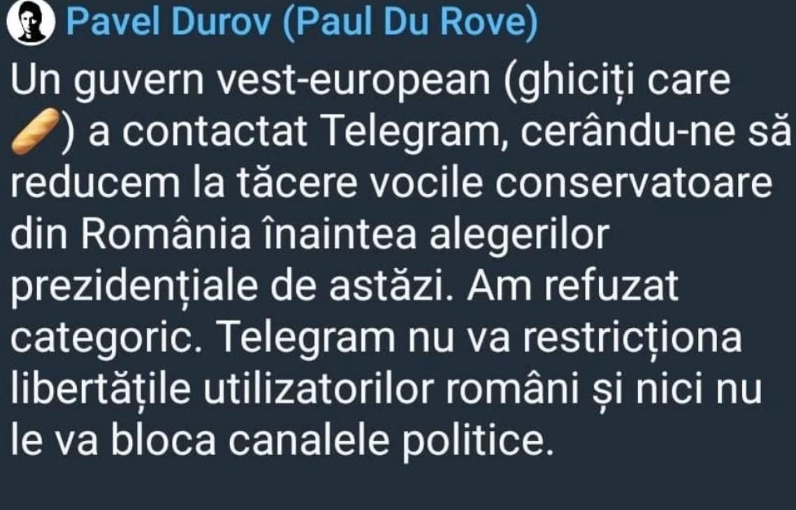 Bomba! Telegram anunta ca un guvern occidental a cerut cenzurarea romanilor inainte de turul 2 Bomba! Telegram anunta ca un guvern occidental a cerut cenzurarea romanilor inainte de turul 2