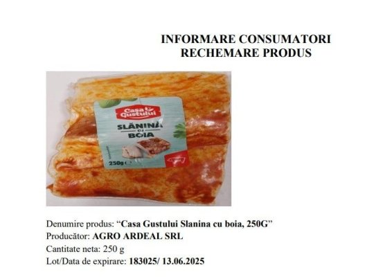 Slănină cu boia retrasă din magazine Penny, din cauza prezenţei bacteriei Listeria Monocytogenes
