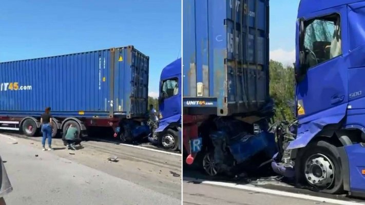 Accident grav pe A1! O mașină a fost strivită între două TIR-uri: fost activat Planul Roșu