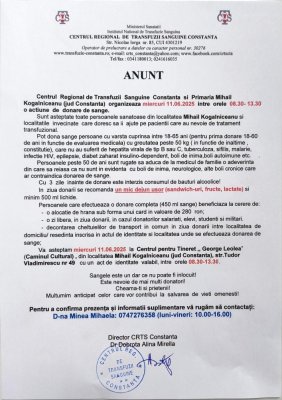 Primăria Mihail Kogălniceanu organizează donare de sânge
