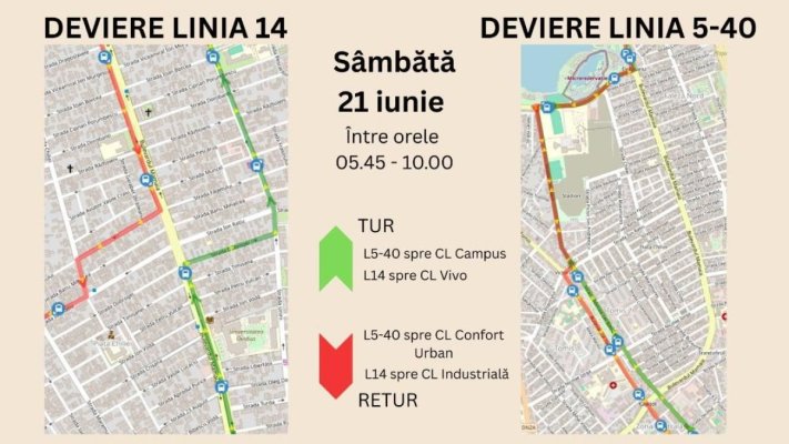 CT Bus anunță devierea liniilor 5-40 și 14, sâmbătă 21 iunie 