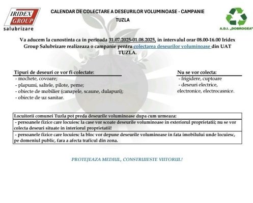 Primăria Tuzla anunță campania de colectare a deșeurilor voluminoase