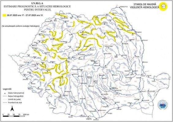 Alertă cod galben de inundații - Risc de viituri de râuri din jumătate de țară