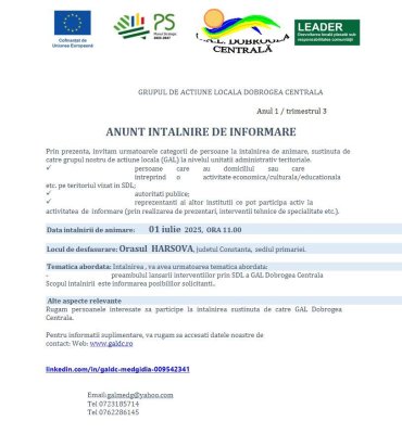 Primăria Hârșova organizează o nouă întâlnire de informare, dedicată lansării intervențiilor din Strategia de Dezvoltare Locală (SDL) 