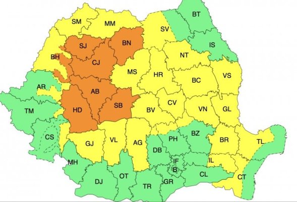 ANM a emis Cod Portocaliu și Cod Galben de furtuni severe în mai multe zone din țară