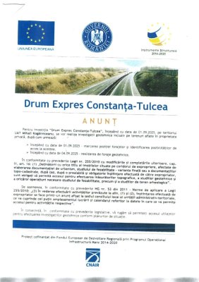 Primăria Mihail Kogălniceanu, anunț despre investigații geotehnice pentru investiția „Drum Expres Constanța-Tulcea”