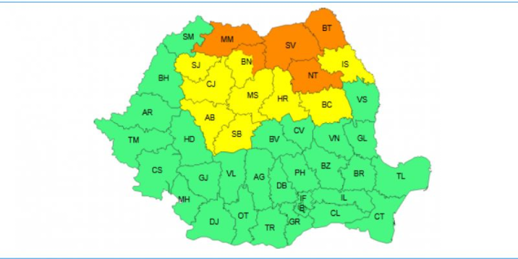 Cod portocaliu și galben de ploi în cea mai mare parte a României