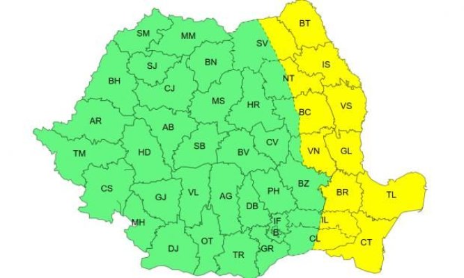 Cod galben de vânt în 13 judeţe din Moldova, Dobrogea şi estul Munteniei