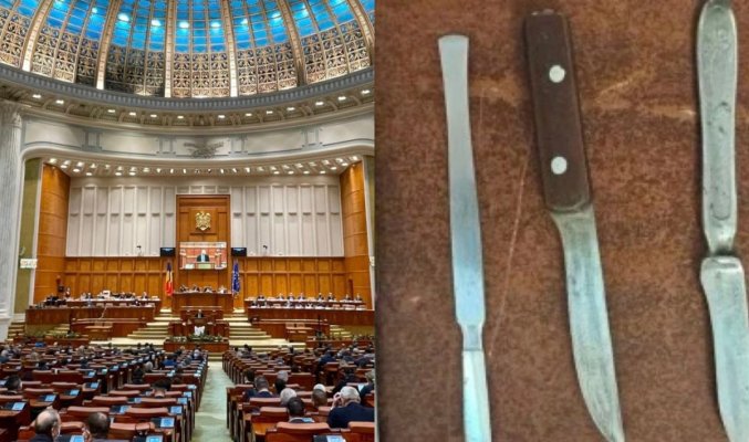 O femeie care era invitată de AUR în Parlament avea un adevărat arsenal de cuțite asupra ei