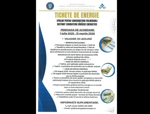 Primăria Hârșova reamintește: Tichete de Energie pentru consumatorii vulnerabili