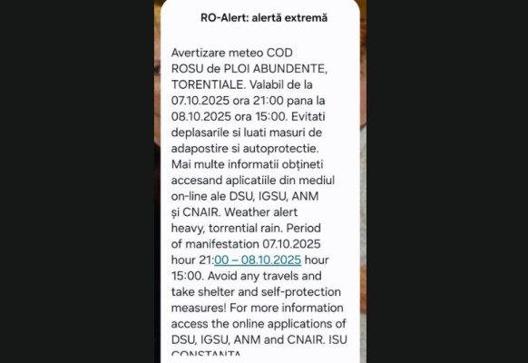 Cod Roșu de ploi torențiale, la Constanța: A fost emis mesaj RO Alert