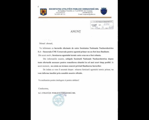 Primăria Cernavodă anunță întârzieri în reluarea furnizării agentului termic