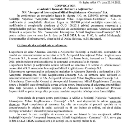 Consiliul de Administrație al Aeroportului Mihail Kogălniceanu convoacă AGA în ședință