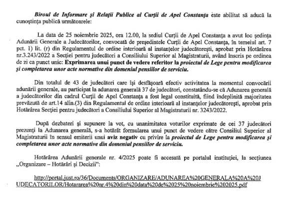 Curtea de Apel Constanța a dat aviz negativ la proiectul de reformă a pensiilor speciale 