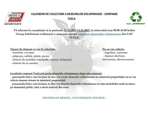 Primăria Tuzla anunță campania de colectare a deșeurilor voluminoase