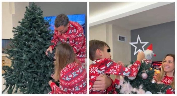 Chef Ștefan Popescu, soția și copiii, portret de familie, în ziua în care au împodobit bradul