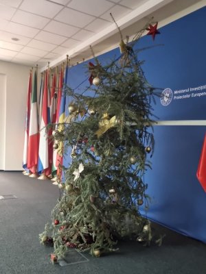 Așa ceva! Bradul de Crăciun de la Ministerul Fondurilor Europene... s-a ofilit de la atâtea fonduri absorbite 