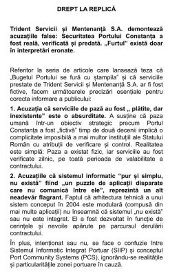 Drept la replică: Precizările Trident Servicii și Mentenanță S.A., în urma articolului privind bugetul Portului Constanța