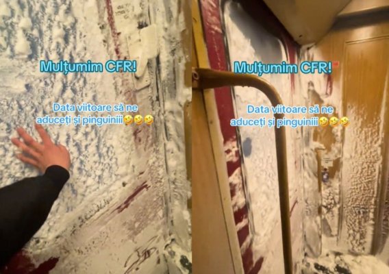 Scene incredibile într-un tren din România, după ce zăpada a pătruns în interior: „Să ne aduceți și pinguinii!“ Video