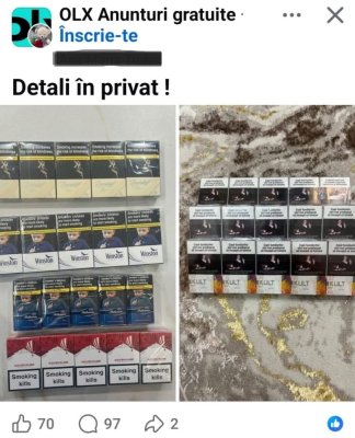 Țigări de contrabandă, vândute fără jenă pe OLX și pe rețelele sociale la jumătate din prețul pieței