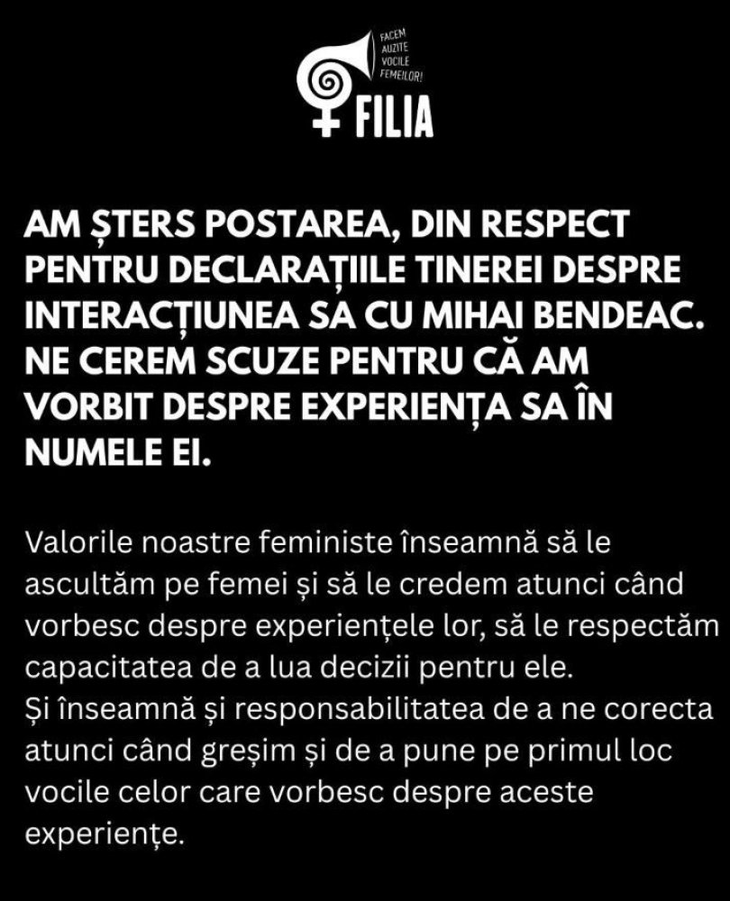 Centrul Filia a sters postarea in care il acuza pe Mihai Bendeac de agresiune. Cum isi motiveaza decizia: &bdquo;Ne cerem scuze&rdquo;