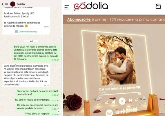 Pe site-ul de cadouri Cadolia.ro plătești taxa express de 31 de lei degeaba... comanda ajunge la Sfântu Așteaptă 