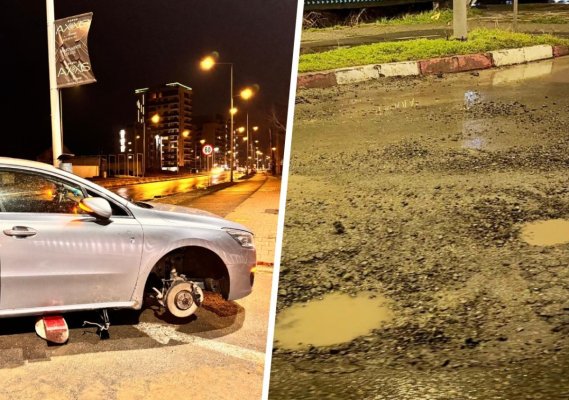 Mai mulți șoferi și-au distrus anvelopele într-o groapă, în sensul giratoriu de la hotel Opera din Mamaia