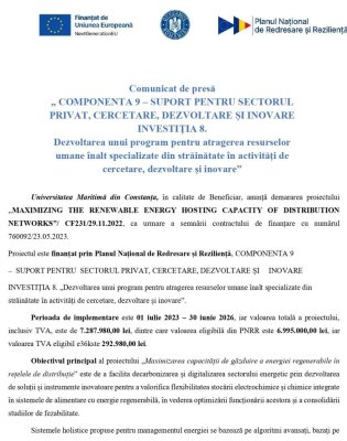 „COMPONENTA 9 – SUPORT PENTRU SECTORUL PRIVAT, CERCETARE, DEZVOLTARE ȘI INOVARE INVESTIȚIA 8. Dezvoltarea unui program pentru atragerea resurselor umane înalt specializate din străinătate în activități de cercetare, dezvoltare și inovare“