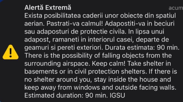 Mesaj RO-Alert, în nordul județului Tulcea: Există risc de cădere a unor obiecte din spațiul aerian