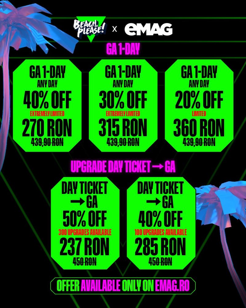 Bilete Beach, Please! cu pana la 50% reducere, exclusiv pe eMAG, disponibile timp de 3 zile Bilete Beach, Please! cu pana la 50% reducere, exclusiv pe eMAG, disponibile timp de 3 zile