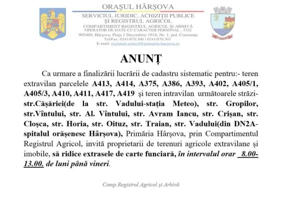 Primăria Hârșova, anunț pentru cetățeni