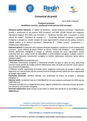Finalizarea proiectului „Reabilitarea termică a pavilionului C4 din cazarma 3416 Constanța“