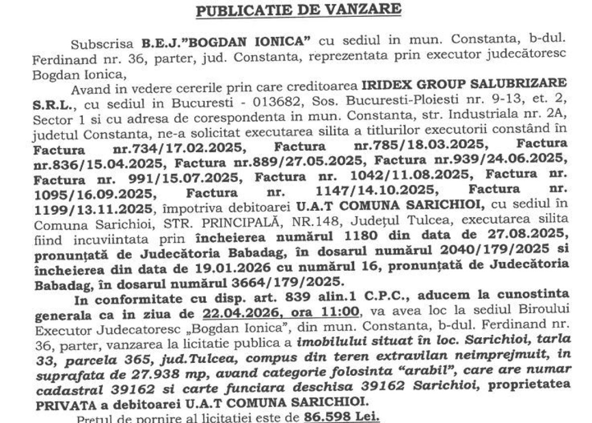 Primaria Sarichioi executata silit de Iridex Group dupa ce a acumulat mai multe datorii la firma de salubrizare 