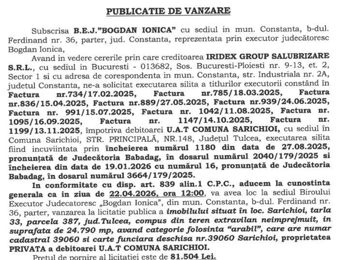 Primaria Sarichioi executata silit de Iridex Group dupa ce a acumulat mai multe datorii la firma de salubrizare 