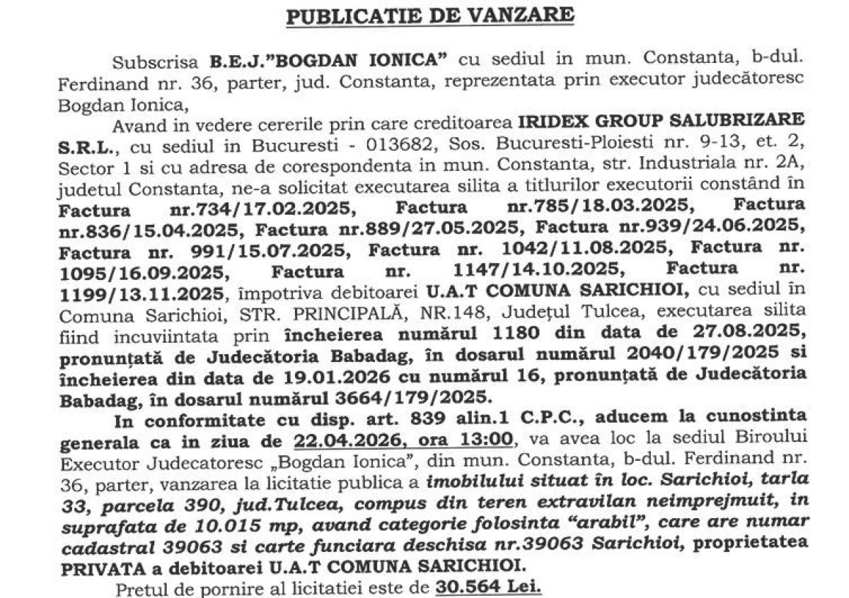 Primaria Sarichioi executata silit de Iridex Group dupa ce a acumulat mai multe datorii la firma de salubrizare 