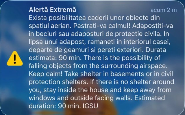 Mesaj RO-Alert în Tulcea: risc de cădere a unor obiecte din spațiul aerian