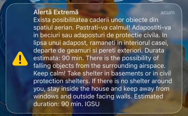 Mesaj RO-Alert în Tulcea: Există risc de cădere a unor obiecte din spațiul aerian