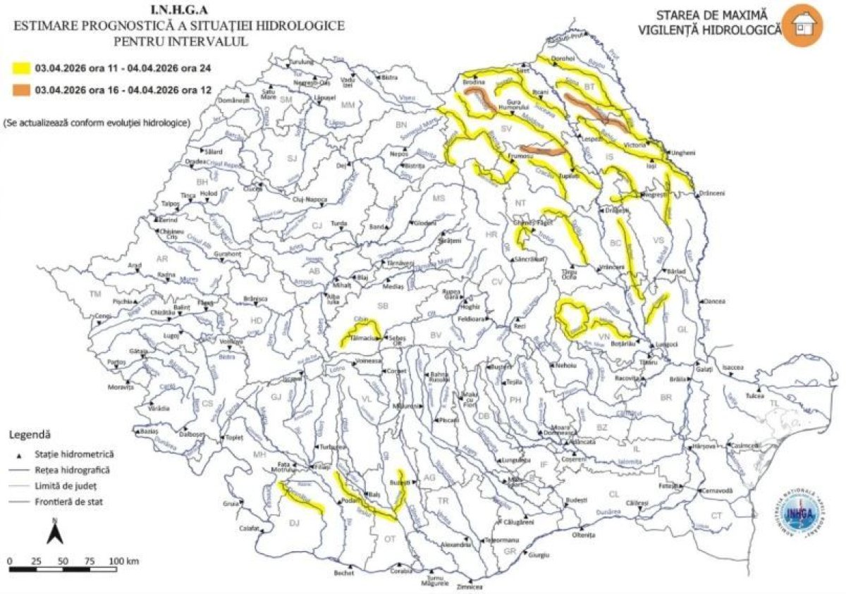 Hidrologii au emis Cod portocaliu de viituri in zona Moldovei si Cod galben in mai multe judete din tara