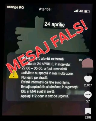 Mesaj fals RO-ALERT pus în circulație pe rețelele de socializare, pentru a crea panică