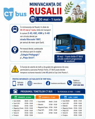 Care va fi programul liniilor de autobuz și a tonetelor CT BUS, în Minivacanța de Rusalii?
