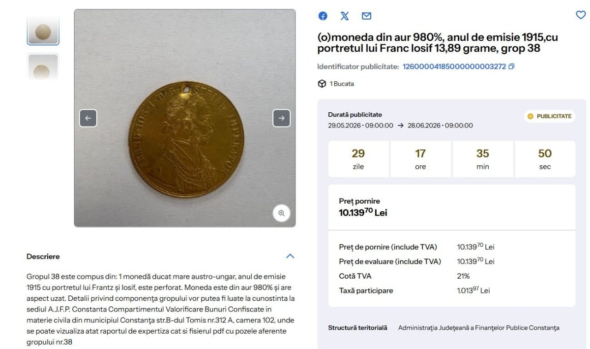 ANAF Constanta vinde la licitatie o moneda de aur emisa in anul 1915. Vezi cu cat! ANAF Constanta vinde la licitatie o moneda de aur emisa in anul 1915. Vezi cu cat!