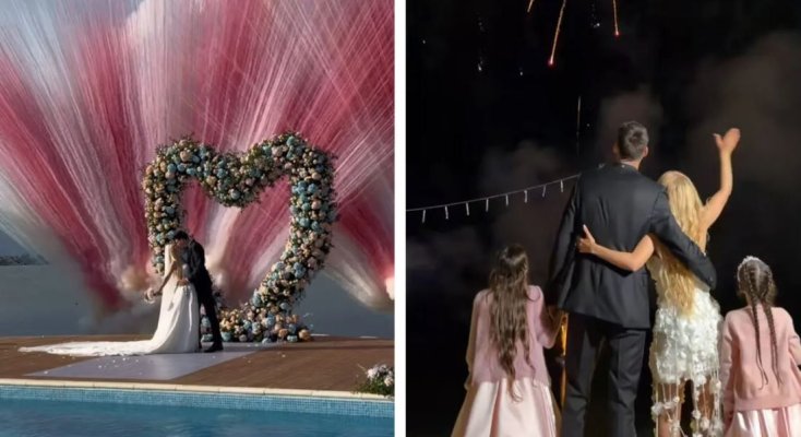 Foc de artificii fabulos, un tort special și o ținută atipică. Noi imagini de la nunta Andreei Bălan cu Victor Cornea