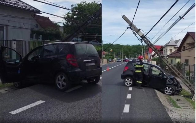 Accident grav în Bistrița-Năsăud. O mașină a intrat cu toată viteza într-un stâlp de electricitate