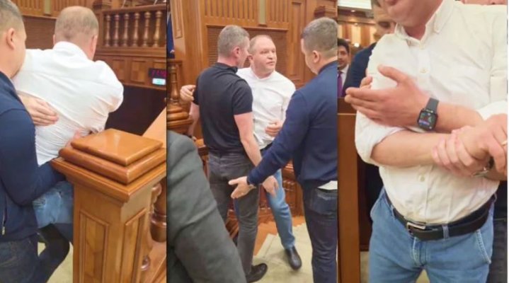 Îmbrânceli în Parlamentul din Republica Moldova: primarul Chișinăului a fost evacuat din sală. Video