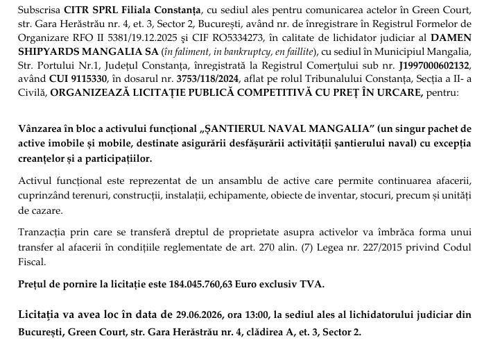 santierul naval Damen Mangalia a fost scos oficial la vanzare