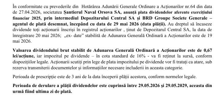 Cati bani a incasat &bdquo;Gruparea vamesilor&ldquo; din dividendele santierului Naval Orsova SA, in 2025!