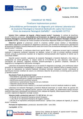 Finalizare implementare proiect „Îmbunătățirea performanțelor de diagnostic prin dotarea Laboratorului de Anatomie Patologică și Genetică Medicală din cadrul Serviciului Clinic de Anatomie Patologică (GePaRD)“ – cod MySMIS 327722 